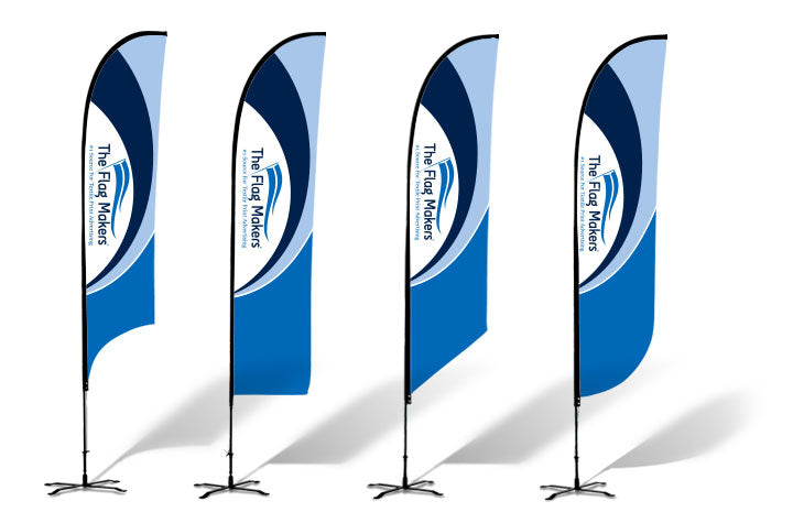 Four blue and white feather flags with branding on a white background